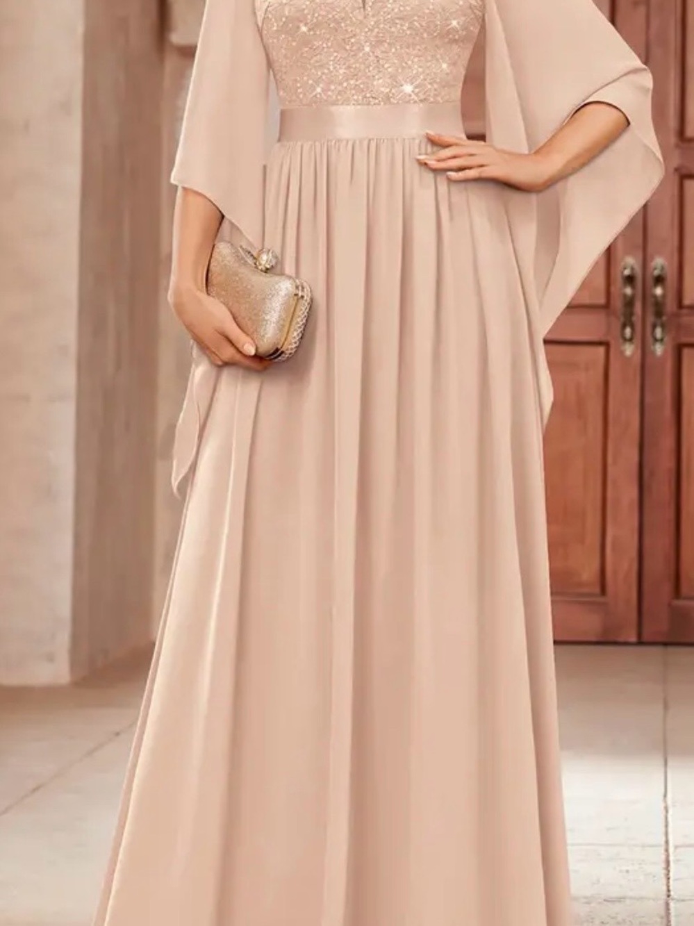 Long Gown Lace Sequins Champagne XL